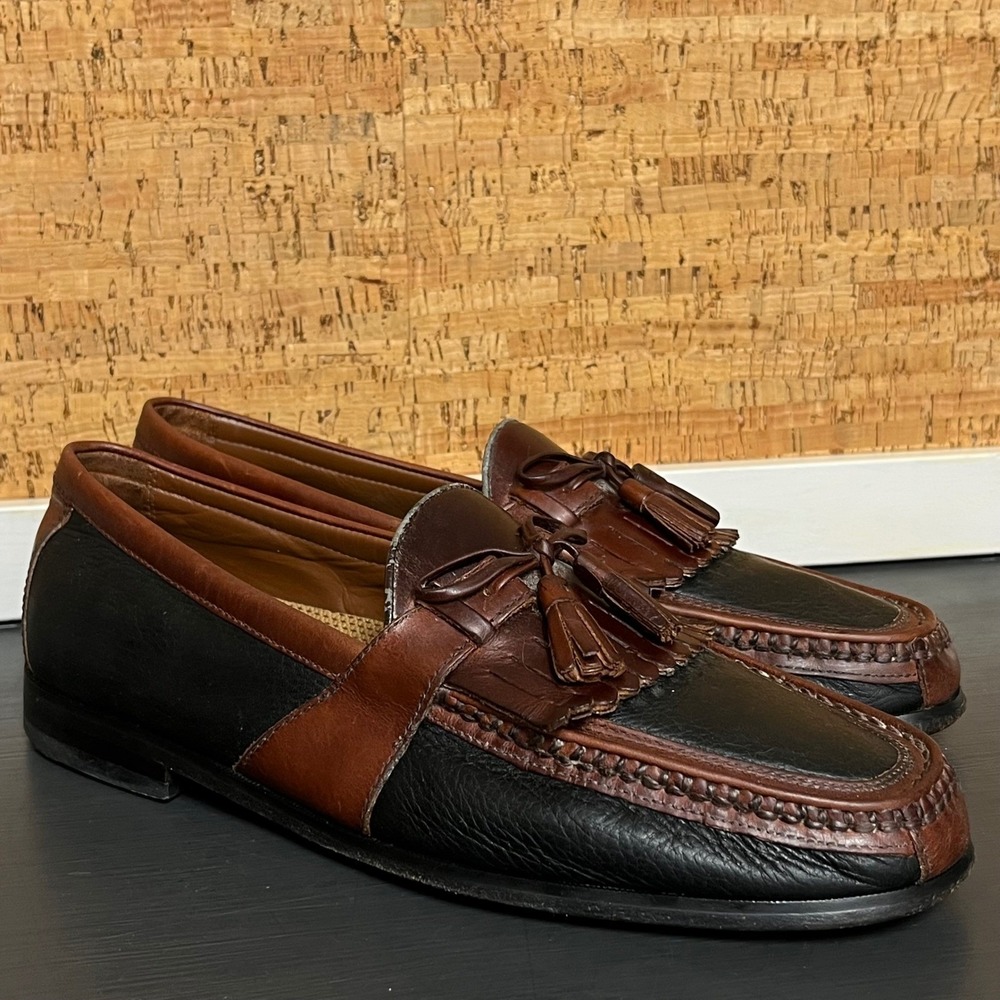 Johnston & Murphy Mens 10.5 M Black Brown‎ Leather Tassel Kiltie Loafers 20-0592